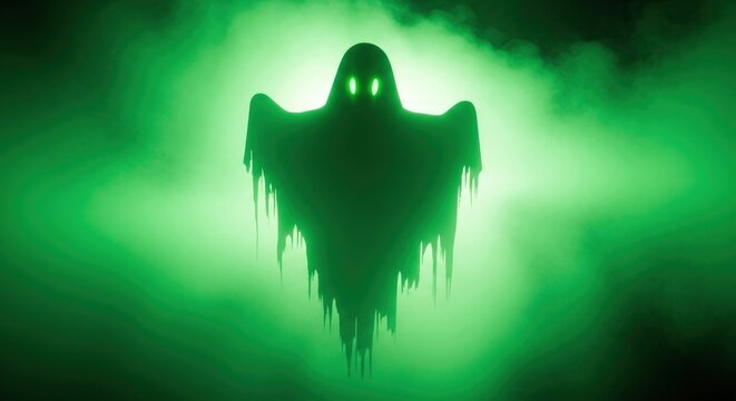 Spooky green ghost silhouette against a hazy backdrop, perfect for Halloween - Powered by Adobe