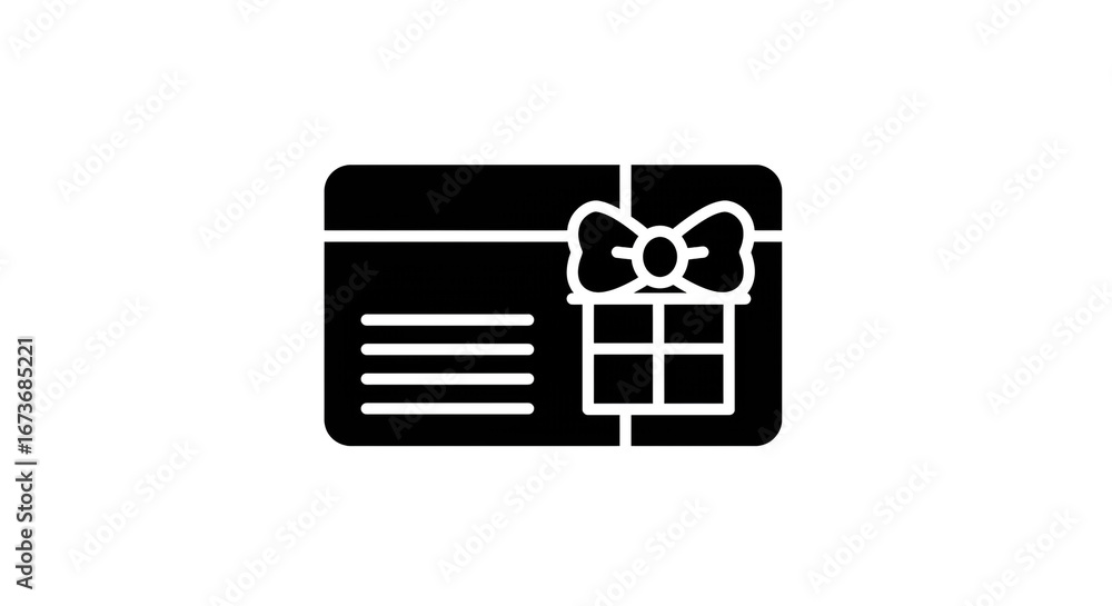 Poster a black gift card with a bow and lines indicating text on a white background in a simple icon style