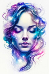 Cosmic portrait of a woman in starlight, her hair blending with glowing galaxies and stars. Great for book covers, posters, advertising, and fantasy illustrations.