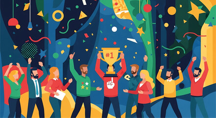 A vibrant illustration depicting a team celebrating victory with a golden trophy, confetti, and joyful expressions, symbolizing achievement