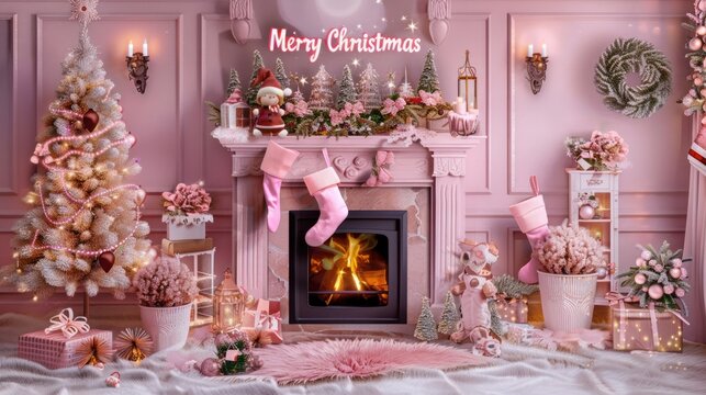 Festive Pink Christmas Living Room Decor with Fireplace and Holiday Ornaments - Powered by Adobe