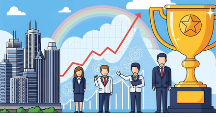 Achieving corporate excellence: A team celebrates success against a backdrop of growth and modern urban landscape towards reward and recognition