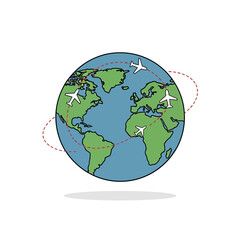 Illustrated Globe with Airplanes and Dotted Flight Paths