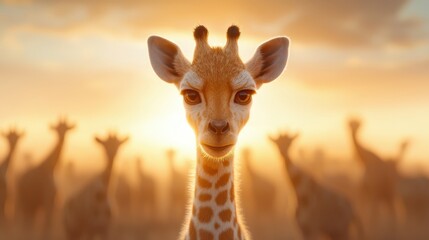 A close-up of a giraffe against a sunset backdrop, showcasing its distinctive features and a blurred herd in the background.