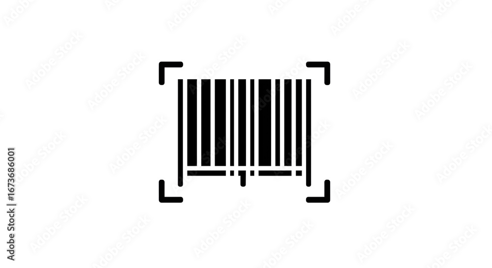 Poster a simple black and white barcode icon with corner brackets on a plain white background in vector for