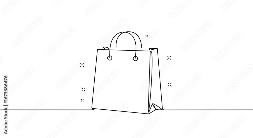 Poster a continuous line drawing of a shopping bag with handles and small star shapes on a white background