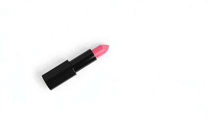 Fototapeta premium Minimal flat lay of pink lipstick in black tube on clean white background with copy space for cosmetic design