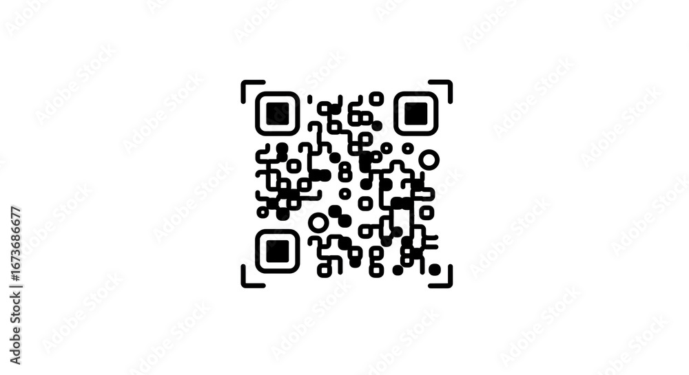 Poster a black and white qr code with three square markers on a white background for scanning purposes used