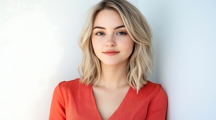 Obraz premium Joyful young woman with blonde hair in a casual coral red outfit, looking directly into the camera, bright white background .
