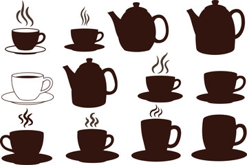 Coffee cup and teapot silhouette illustration with steam, hot beverage design, tea mug, espresso drink symbol, cafe element, morning refreshment vector artwork