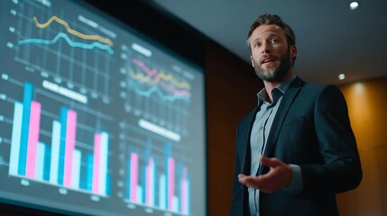 A confident Caucasian man in a suit presents data insights in a modern conference room with dynamic graphs displayed behind him.