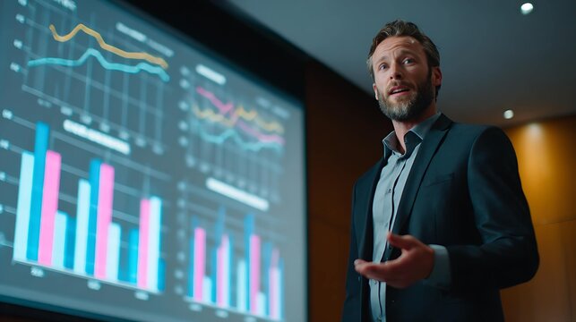 A confident Caucasian man in a suit presents data insights in a modern conference room with dynamic graphs displayed behind him.