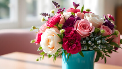 Close up of a colorful bouquet of roses in a blue vase on a table in a bright room setting