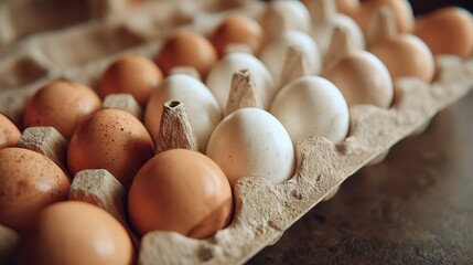Farm Fresh Eggs: A Close-Up View of Brown and White Eggs in a Carton