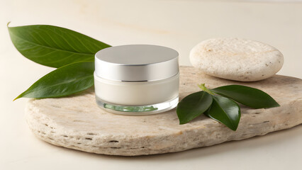 Skincare cream jar with natural elements on stone cosmetic