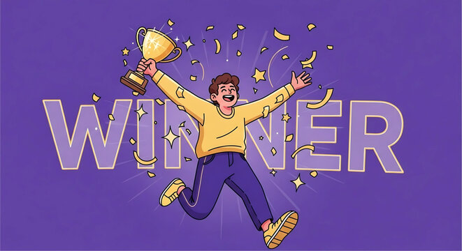 Illustration depicting a joyful champion celebrating victory with a trophy amidst falling confetti conveying success and accomplishment