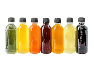 A vibrant array of colorful beverage bottles lined up in a row showcasing refreshing drink options in bright light isolated on transparent background