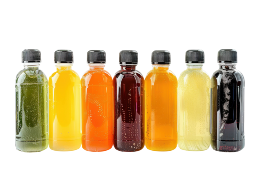 A vibrant array of colorful beverage bottles lined up in a row showcasing refreshing drink options in bright light isolated on transparent background - Powered by Adobe