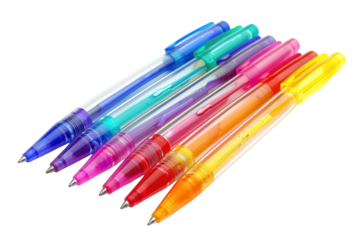 Brightly colored gel pens arranged neatly, showcasing a spectrum of vibrant hues and designs against a white background isolated on transparent background
