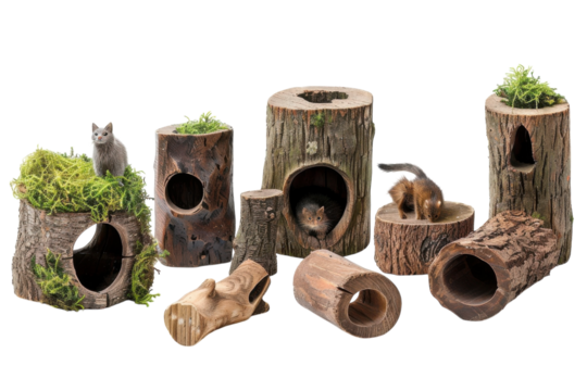 Natural wooden habitats with moss for small animals, showcasing a playful environment for wildlife interaction isolated on transparent background