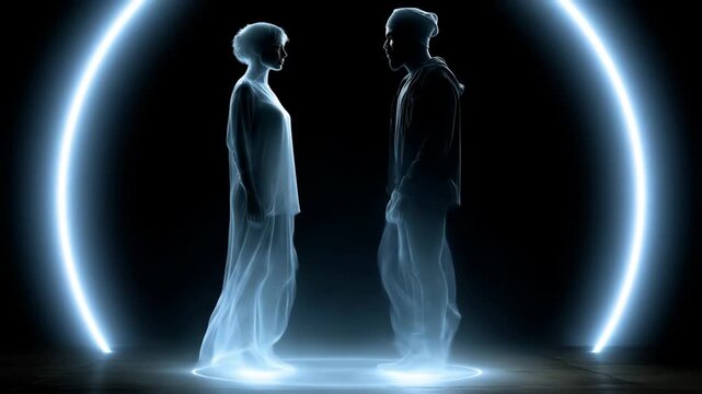 Two glowing human silhouettes facing each other, symbolizing Gemini zodiac duality, connection and communication
