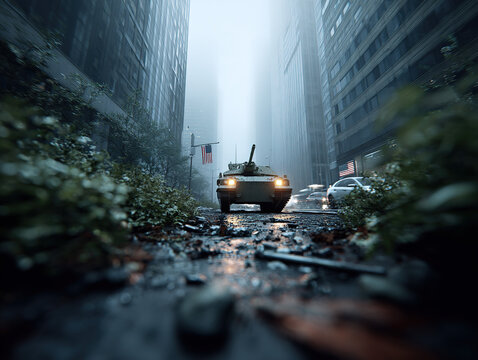 Armored Vehicle in Foggy Urban Environment During Moody Daytime