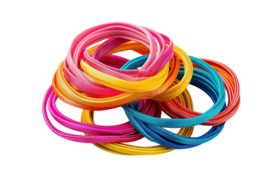 Colorful collection of elastic bands arranged creatively on a bright white surface, showcasing their vibrant hues and playful design isolated on transparent background