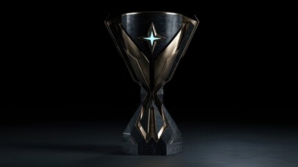 Beautiful photo of "A high-detail 3D trophy with a futuristic, angular design. The body is primarily made of polished gold with sharp, faceted geometric shapes. Sleek black.