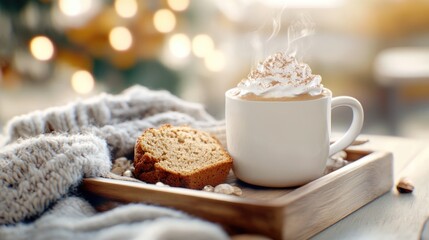 Cozy autumn morning: steaming coffee with whipped cream and pumpkin bread on wooden tray