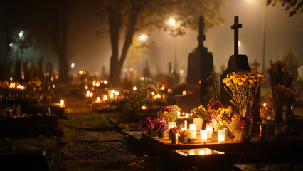Obraz premium All Saints' Day Cemetery at Dusk with Candlelight and Flowers