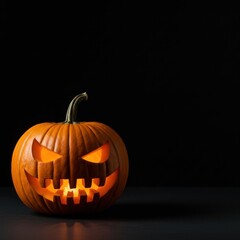 Carved Jack O'Lantern with Glowing Face, Halloween Holiday Celebration on Black Background