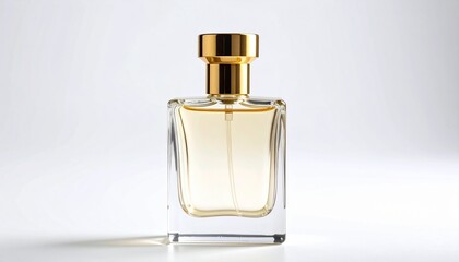 Elegant fragrance in a glass bottle: A beautifully crafted perfume bottle stands alone, its clear glass showcasing the delicate, amber liquid within, topped with a golden cap, ready to be sprayed.