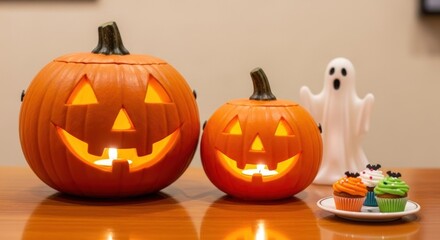 Halloween pumpkins with glowing smiles and spooky cupcakes for trick-or-treat fun