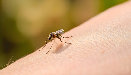Mosquito resting on the skin of a human arm in close up detail showing the insect body and legs in sharp focus representing animals and natural biology outdoors
