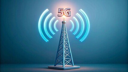 Title: 3D illustration of 5G network communication tower with signal waves 
