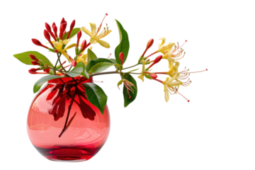 Delicate honeysuckle blooms arranged in a vibrant red glass vase against a minimalist background isolated on transparent background