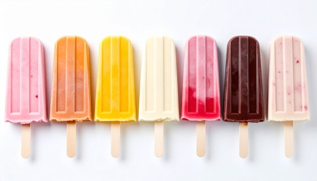 Cool Pops: A row of vibrant and refreshing popsicle, ready to cool down on a hot summer day. This captures the playful and delicious essence of summertime treats. - Powered by Adobe