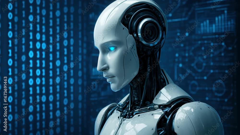 Poster futuristic robot in profile view, surrounded by digital binary code. the video captures a close-up a