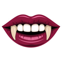 Vector illustration of open vampire mouth with red lips and white fangs isolated on white background, flat design suitable for Halloween, horror themes, spooky monsters and fantasy dark visuals