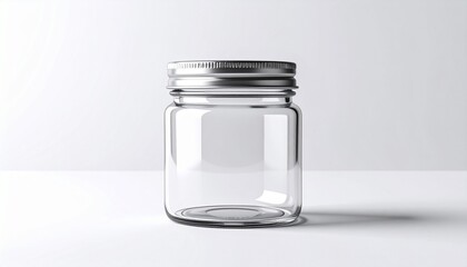 Crystal Clear Container: A sleek, transparent glass jar with a metallic lid, resting peacefully, offers a versatile canvas for product concepts and packaging.
