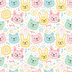 Seamless Kawaii Animal Pattern with Cute Bunny, Bear, and Kitty Faces in Soft Pastel Colors and Playful Hand-Drawn Style