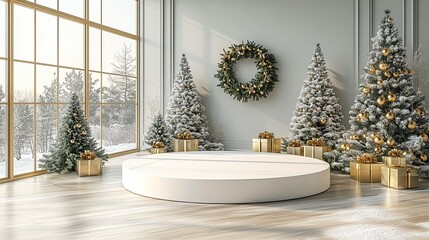 White background white podium Christmas tree golden gift boxes 3D rendering product presentation mockup, high-resolution commercial display material with gold gift boxes and Christmas trees decoration