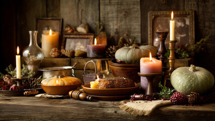 All Saints’ Day Remembrance Altar with Traditional Food, Candles, and Family Photos