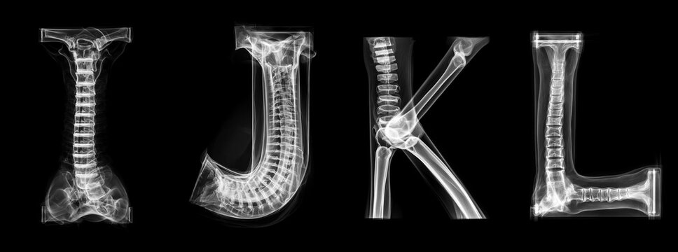 Medical X-ray style typography showing letters I J K L created from bones and skeleton structures