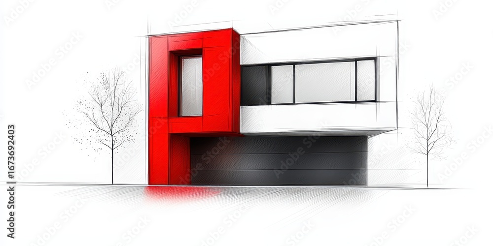 Poster a modern architectural sketch featuring a house design with a striking red accent and minimalist ele