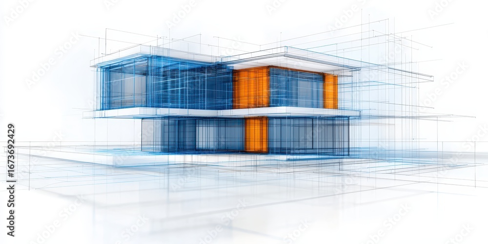 Poster a modern architectural design sketch featuring a sleek, geometric building with transparent elements