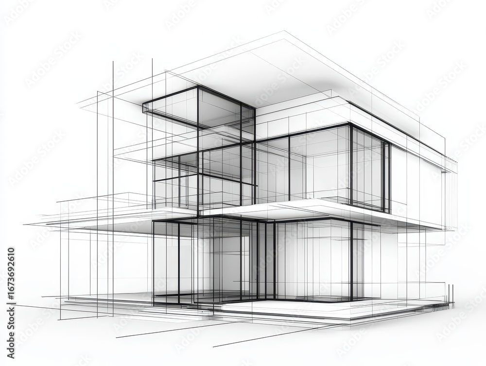 Poster a minimalist architectural sketch showcasing a modern building design with transparent elements and 