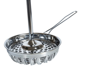 Stainless steel ladle resting elegantly on a reflective surface, showcasing its sleek design ideal for culinary masterpieces isolated on transparent background