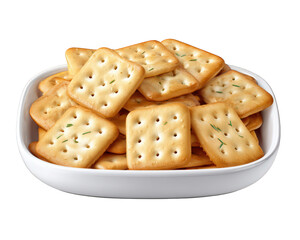 Rectangular cracker snack in white bowl golden brown crispy savory sprinkled with herbs photorealistic isolated on transparency background appetizing and fresh