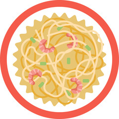 A plate of pasta topped with cooked shrimp.